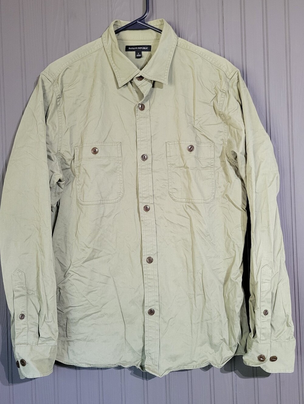 Banana Republic Long Sleeve Button Down Utility Shirt Chest Pockets Green Mens L